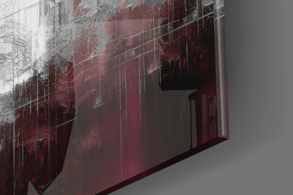 Urban-portrait artwork anchoring a wall with burgundy-and-silver palette
