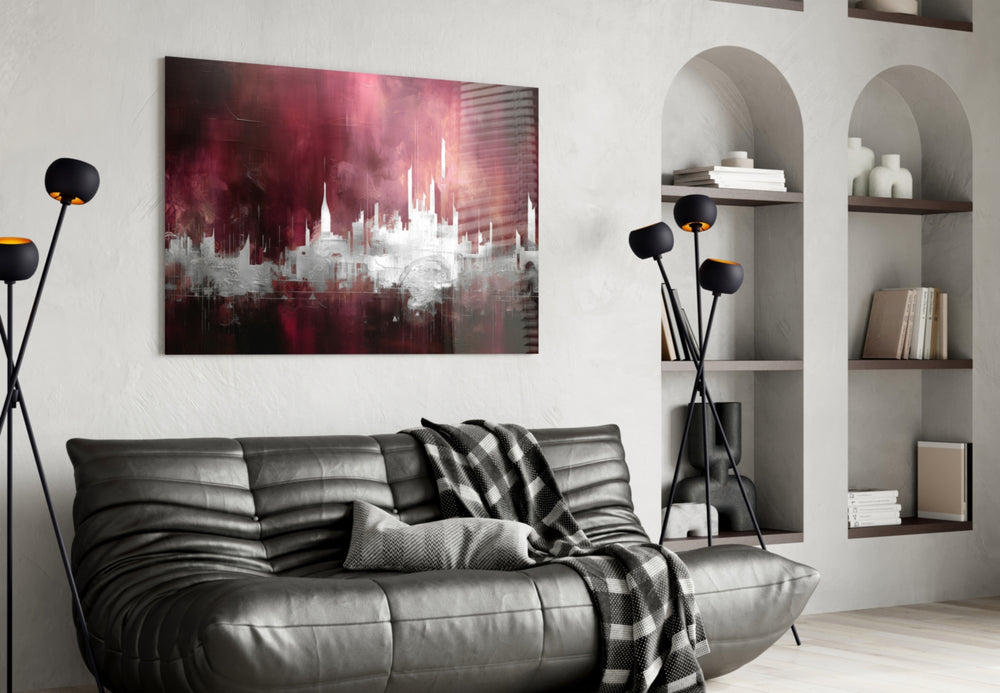 City Silhouette glass wall art styled above a sideboard in a media room