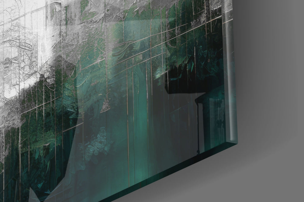 Urban-portrait artwork anchoring a wall with emerald-and-silver palette
