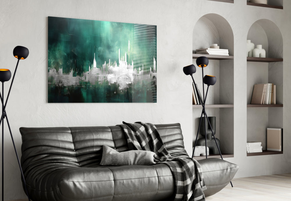 City Silhouette glass wall art styled above a sideboard in a media room
