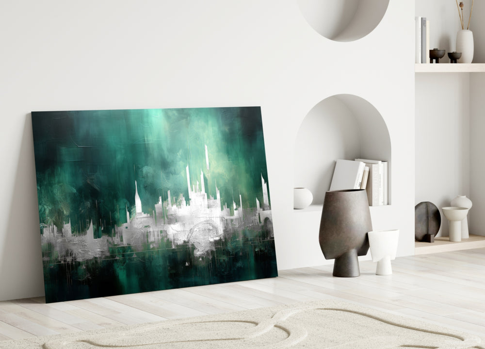 City Silhouette close-up showing ivory tower spires and emerald mist