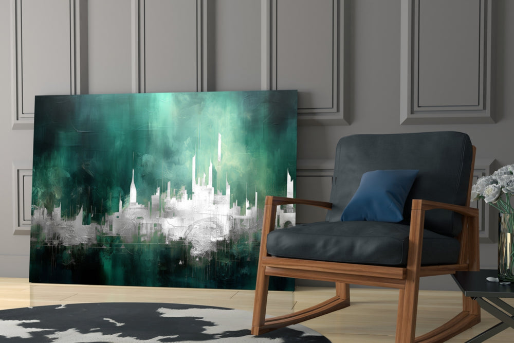 City Silhouette glass print enhancing a den with statement glamour