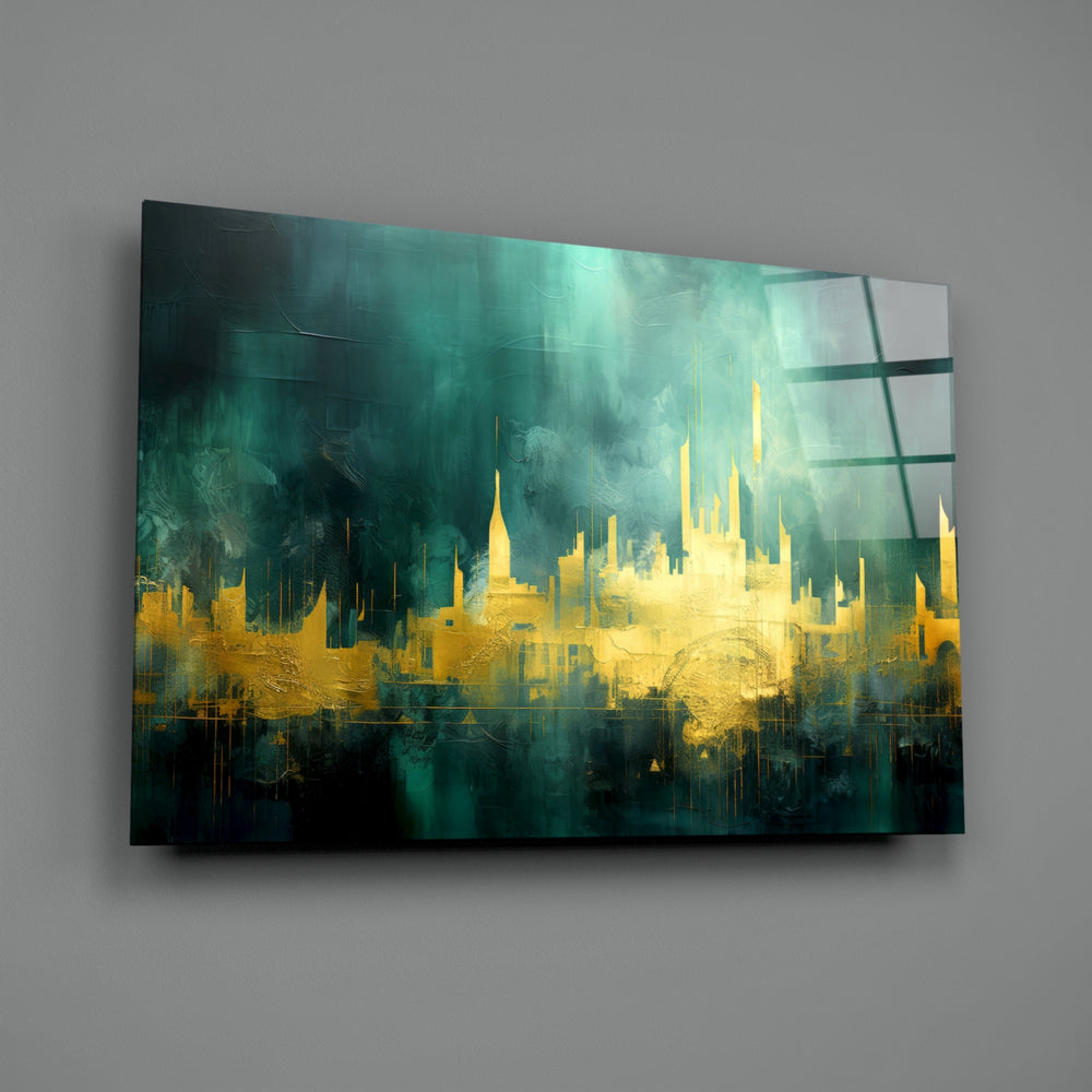 Painterly-dreamscape panel bringing painterly depth to a hotel-style lobby