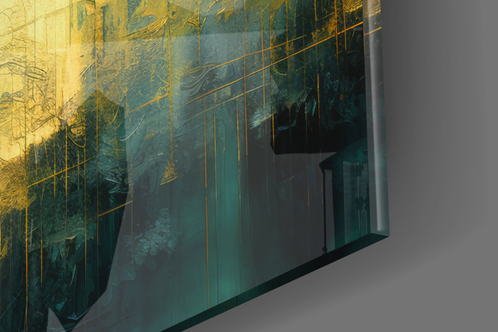 Urban-portrait artwork anchoring a wall with emerald-and-gold palette