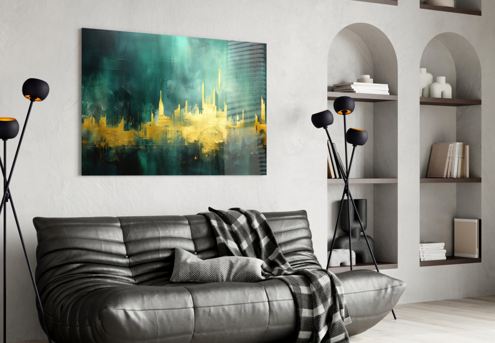 City Silhouette glass wall art styled above a sideboard in a media room