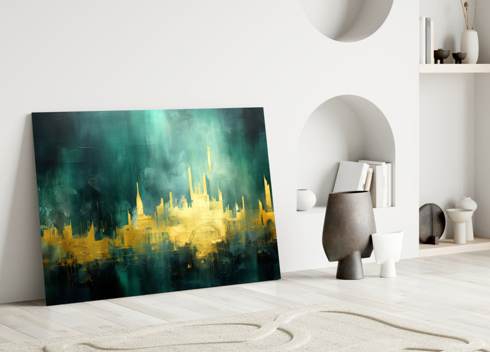 City Silhouette close-up showing gold tower spires and emerald mist