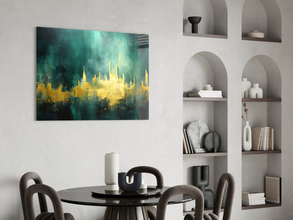 City Silhouette panel adding editorial drama to a hallway