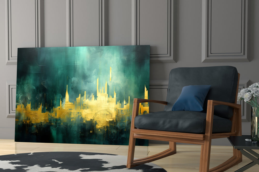 City Silhouette glass print enhancing a den with statement glamour