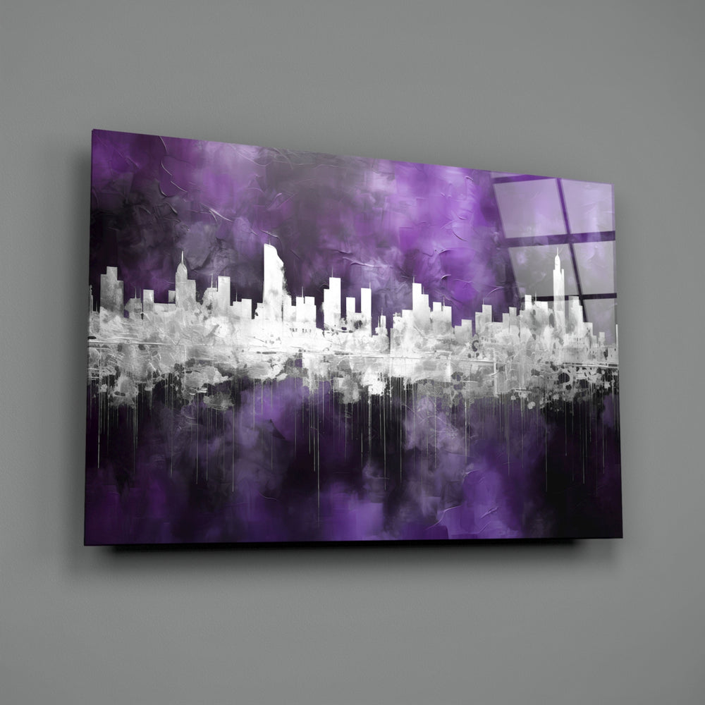 Mirror-skyline panel bringing painterly depth to a hotel-style lobby