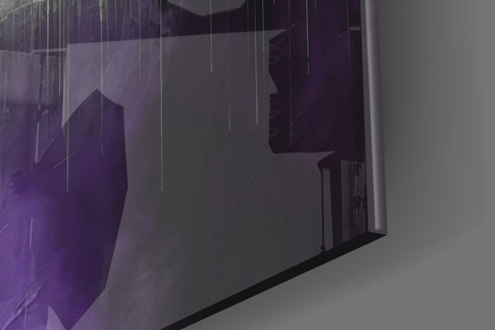 Urban-portrait artwork anchoring a wall with violet-and-silver palette