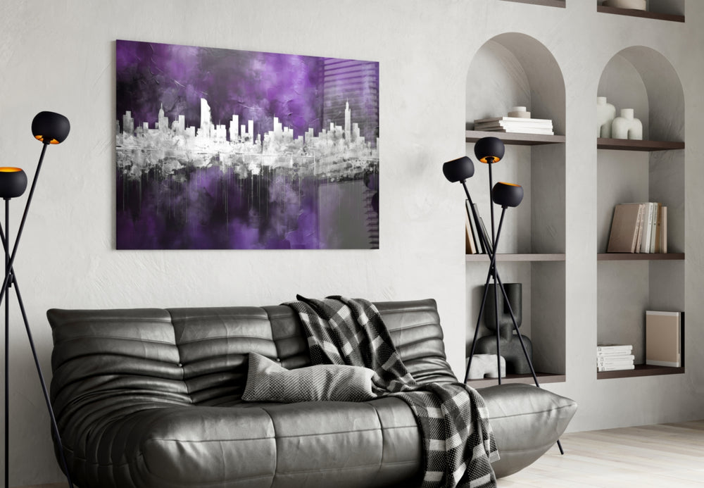 City Silhouette glass wall art styled above a sideboard in a media room