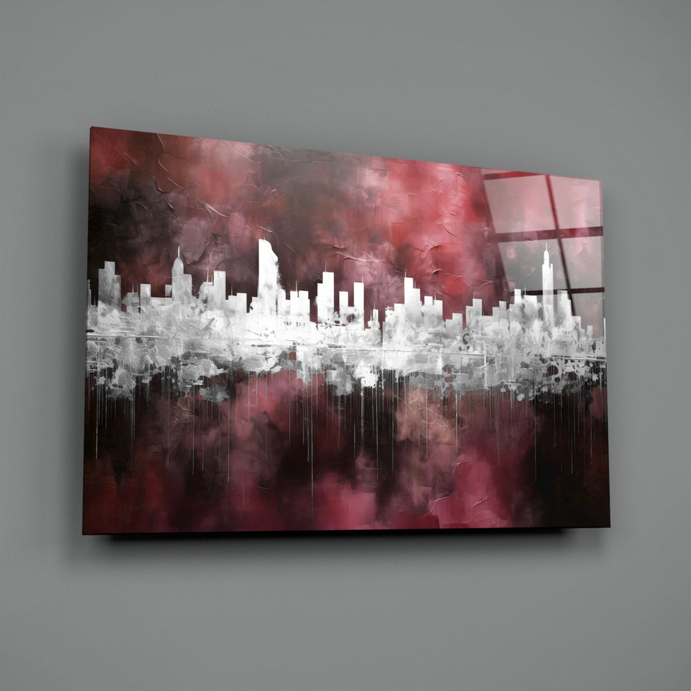 Mirror-skyline panel bringing painterly depth to a hotel-style lobby