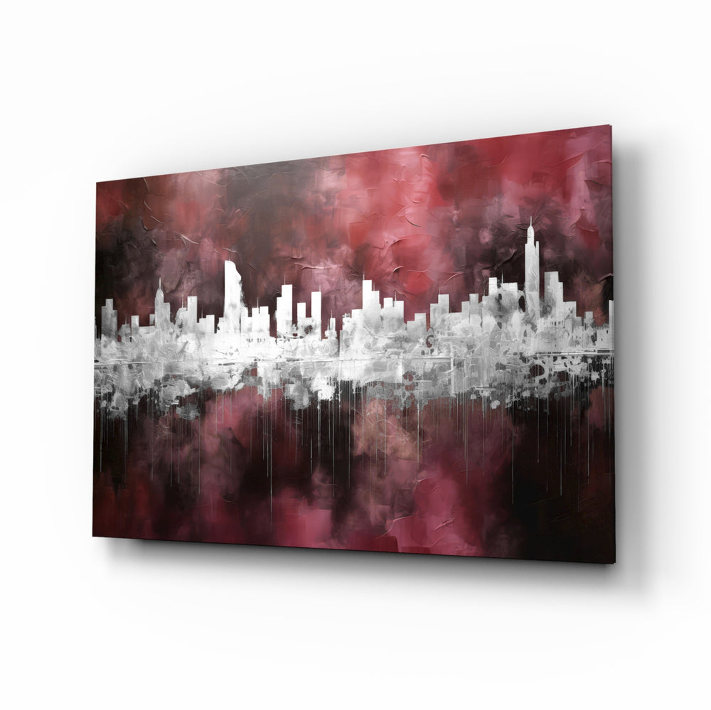 City Silhouette glass wall art displayed above a leather chair in a study