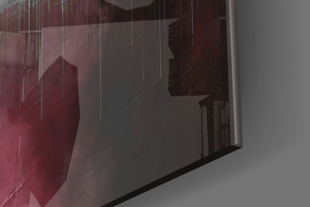 Urban-portrait artwork anchoring a wall with burgundy-and-silver palette