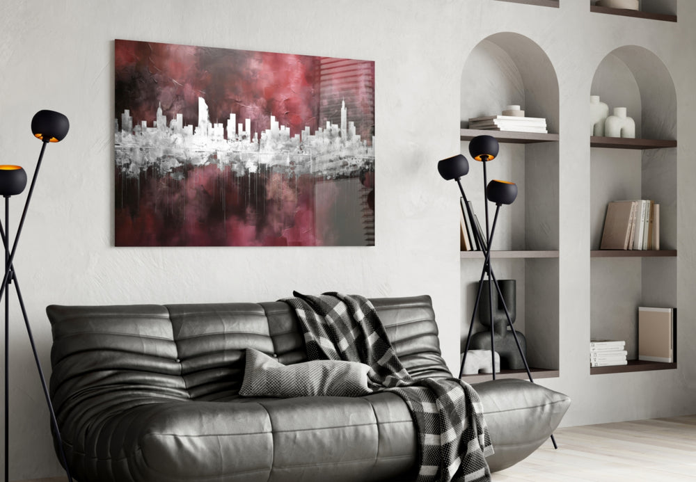 City Silhouette glass wall art styled above a sideboard in a media room