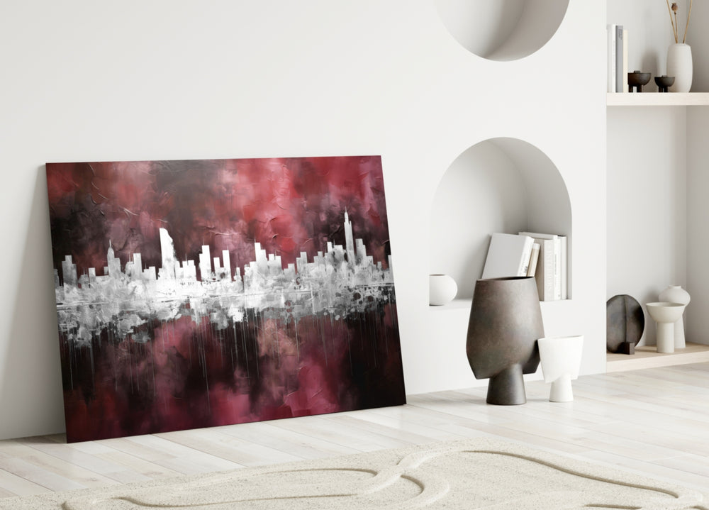 City Silhouette close-up showing blocky high-rises and burgundy reflection