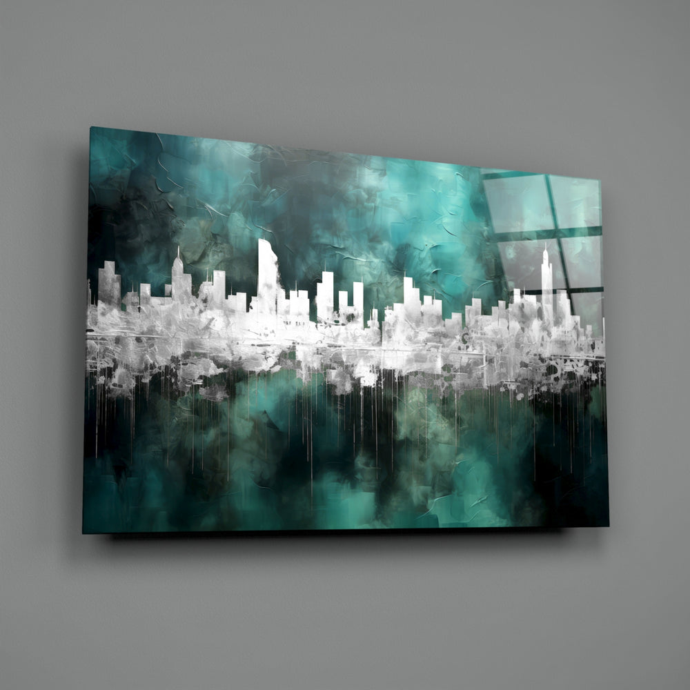 Mirror-skyline panel bringing painterly depth to a hotel-style lobby