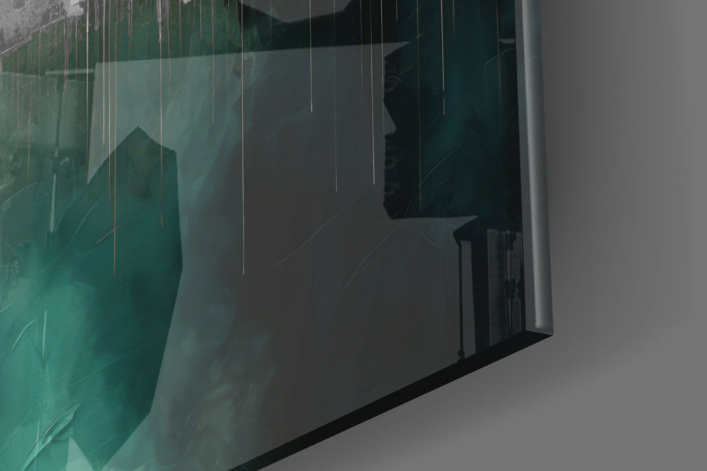 Urban-portrait artwork anchoring a wall with teal-and-silver palette