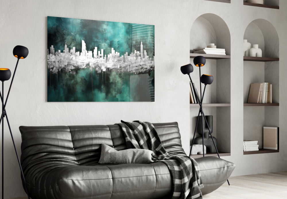 City Silhouette glass wall art styled above a sideboard in a media room