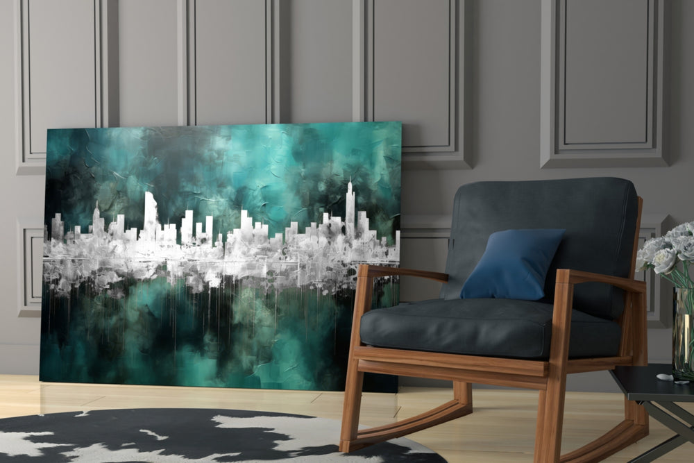 City Silhouette glass print enhancing a den with statement glamour