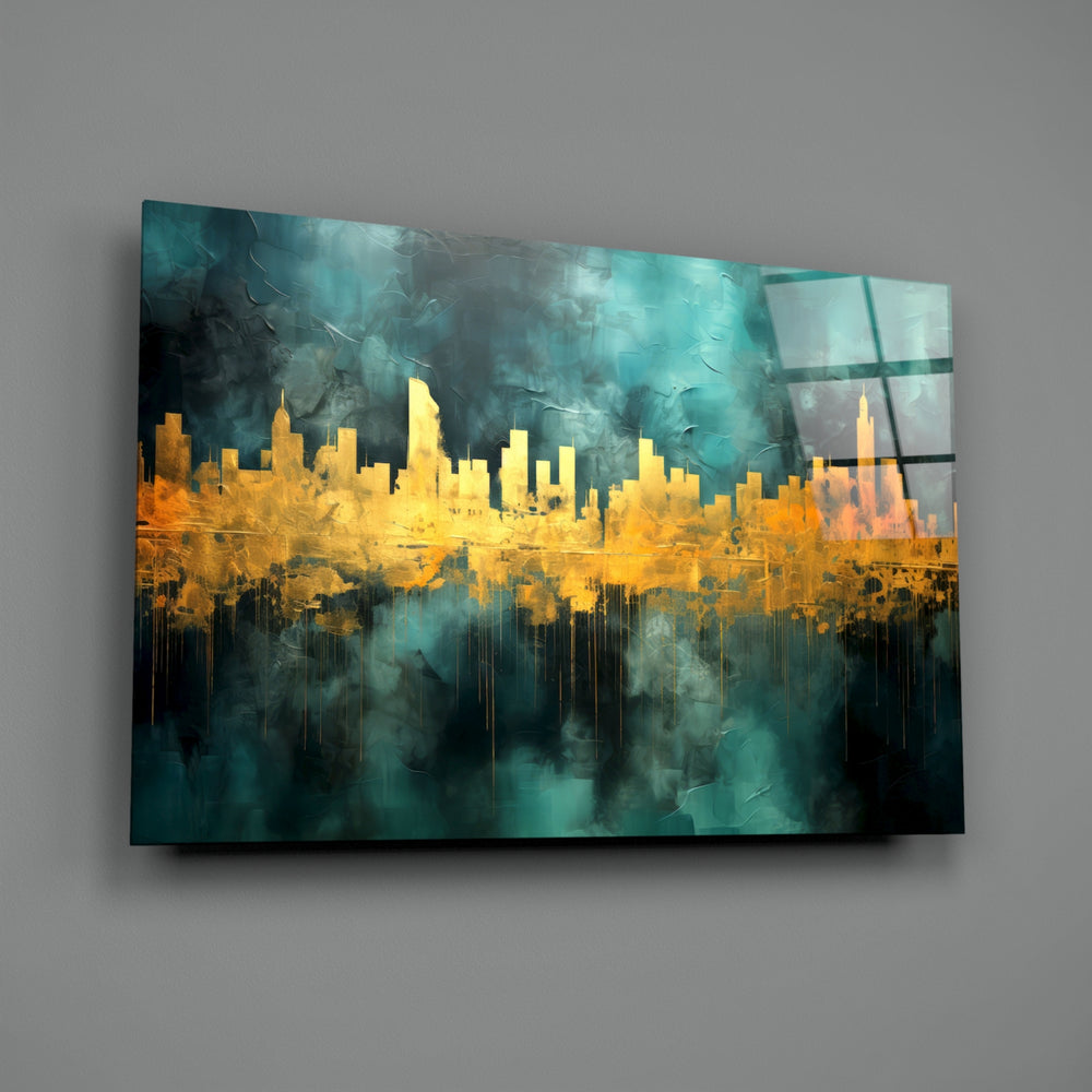 Mirror-skyline panel bringing painterly depth to a hotel-style lobby