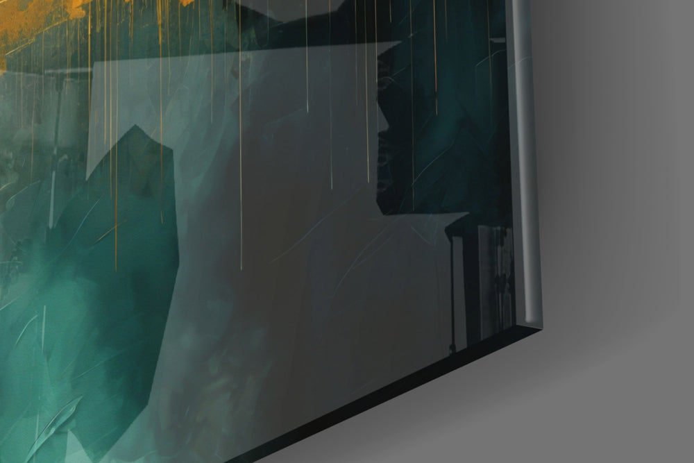 Urban-portrait artwork anchoring a wall with teal-and-gold palette