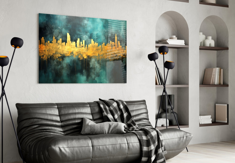 City Silhouette glass wall art styled above a sideboard in a media room