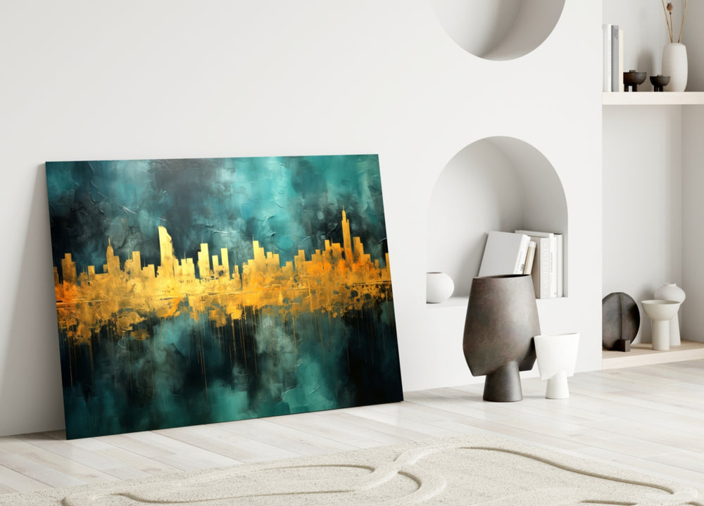 City Silhouette close-up showing gold high-rises and teal reflection