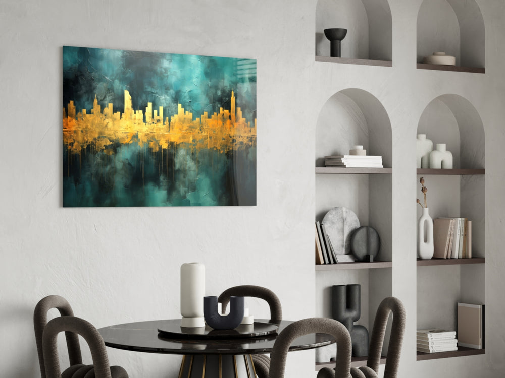City Silhouette panel adding editorial drama to a hallway
