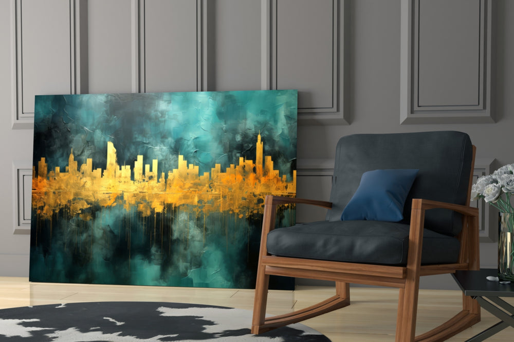 City Silhouette glass print enhancing a den with statement glamour