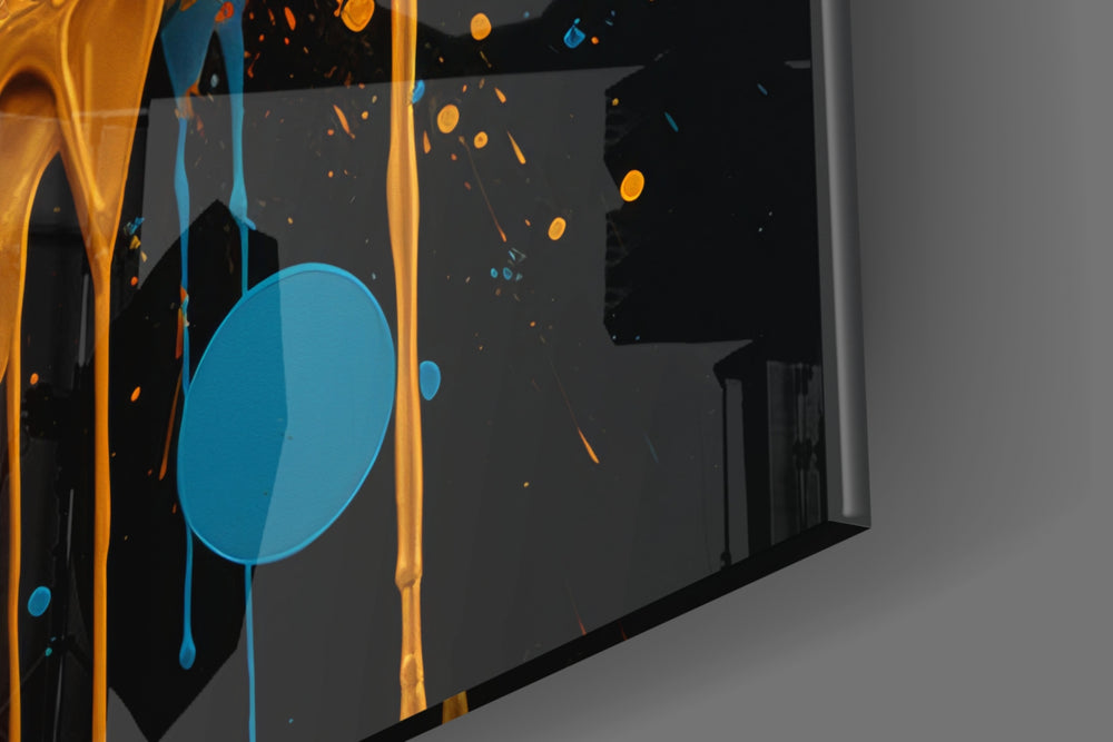 Surreal-mask artwork anchoring a wall with gold-and-cyan palette