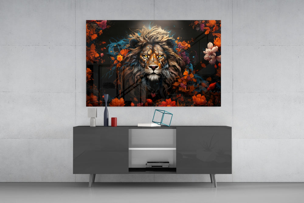 Lion panel catching lamp light to reveal its painterly depth