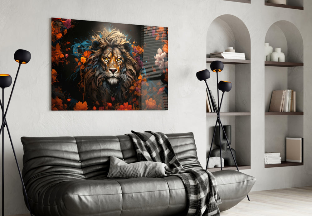 Lion glass wall art styled above a sideboard in a media room