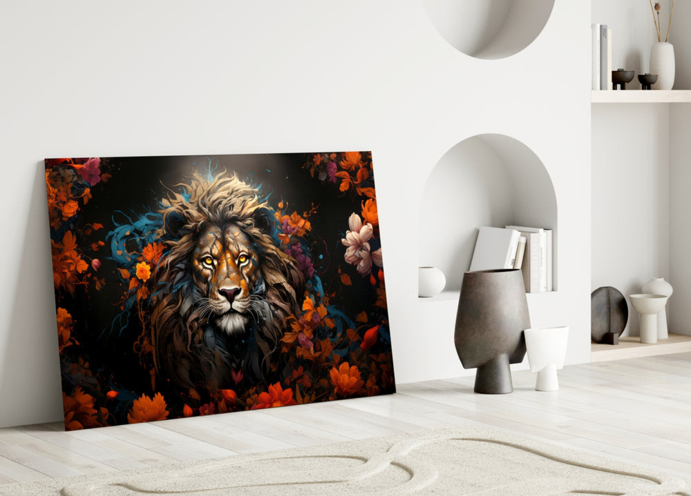 Lion close-up showing gold mane and crimson floral wreath