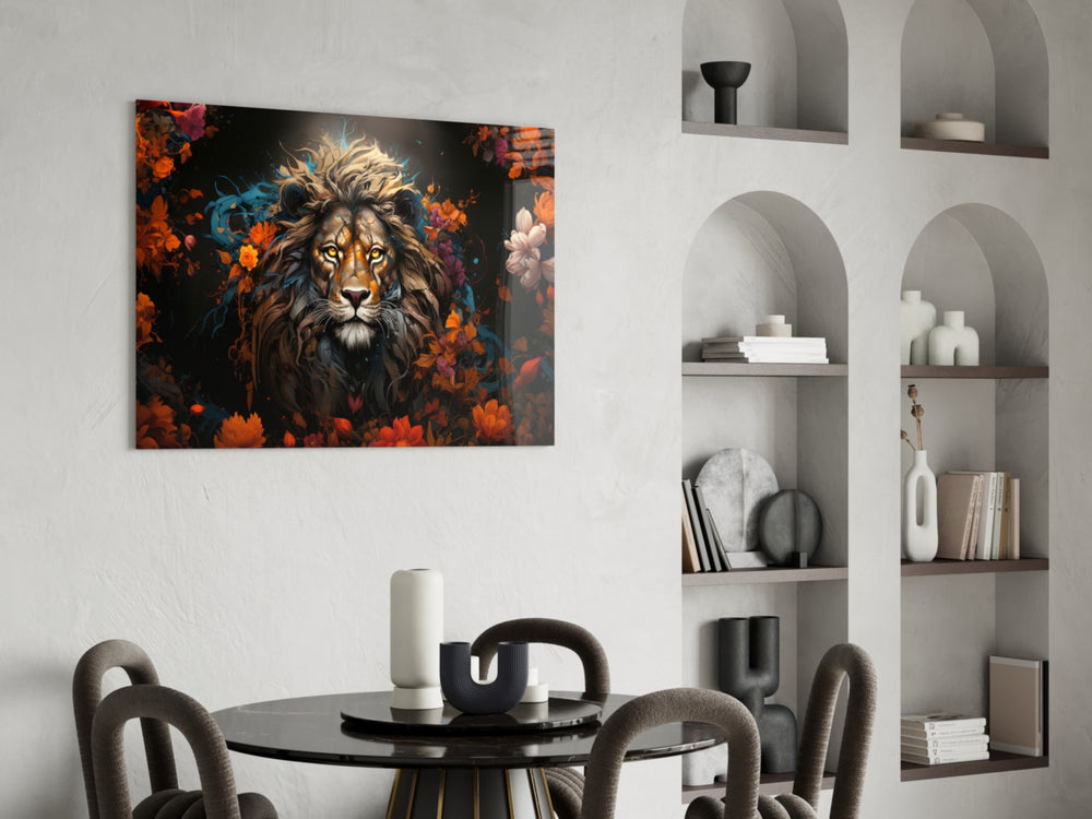 Lion panel adding editorial drama to a hallway