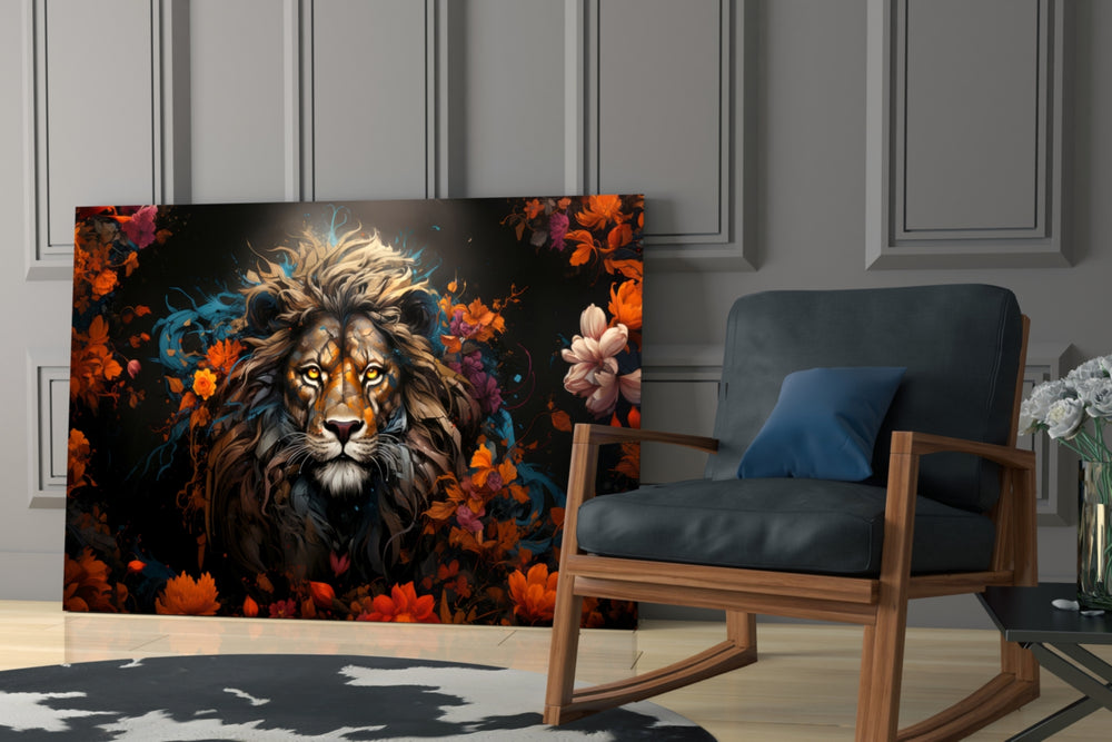 Lion glass print enhancing a den with statement gravity