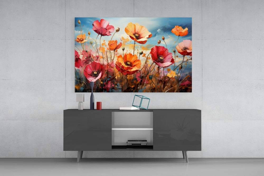 Poppies panel catching lamp light to reveal its painterly depth