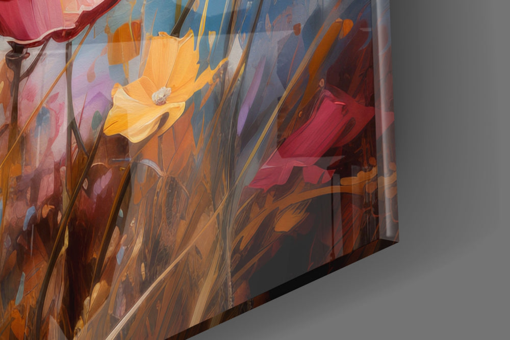 Botanical artwork anchoring a wall with scarlet-and-sapphire palette