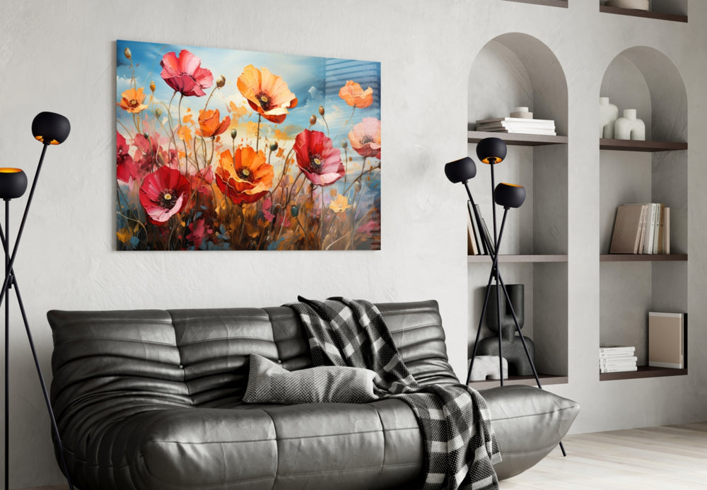 Poppies glass wall art styled above a headboard in a bedroom