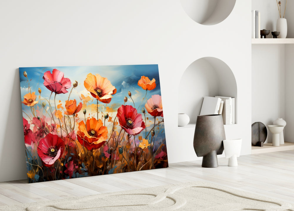 Poppies close-up showing scarlet blooms and sapphire sky