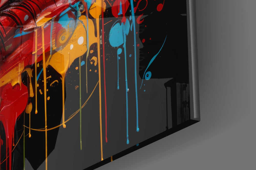 Surreal-portrait artwork anchoring a wall with scarlet-and-cyan palette