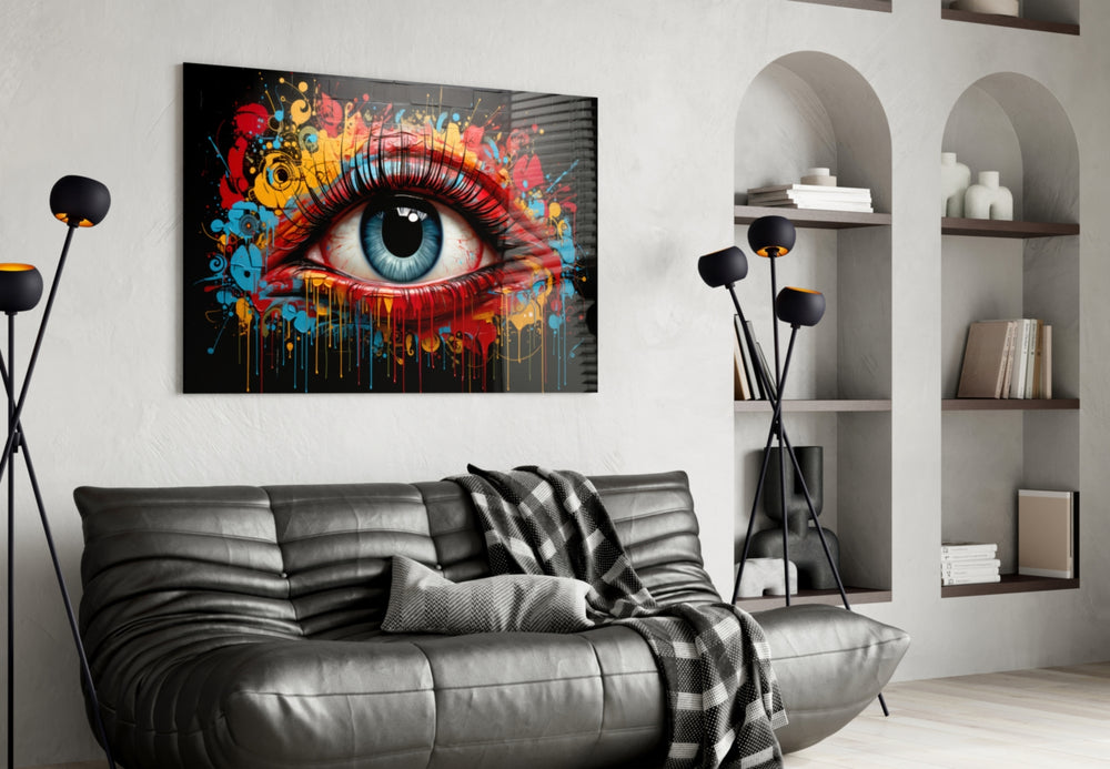 The Eye glass wall art styled above a sideboard in a media room