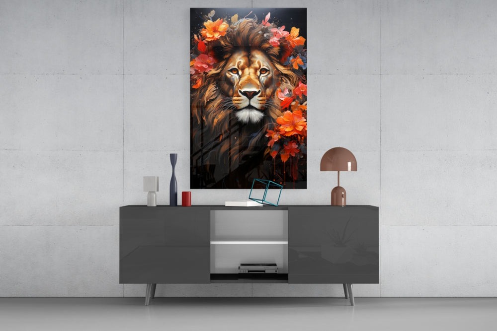 Lion panel catching lamp light to reveal its painterly depth