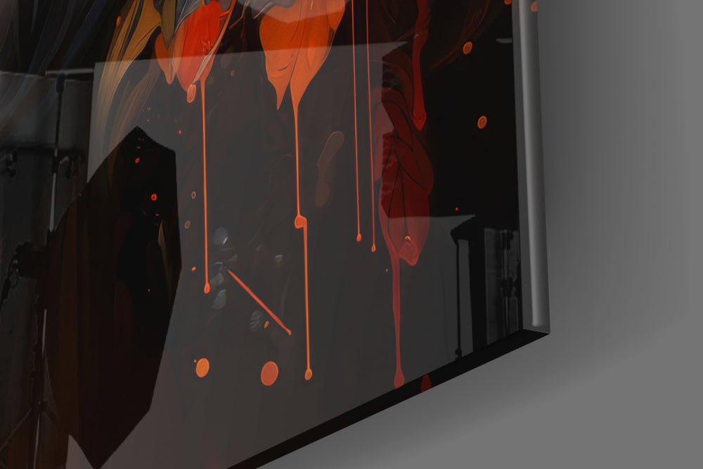 Animal-portrait artwork anchoring a wall with tangerine-and-cobalt palette