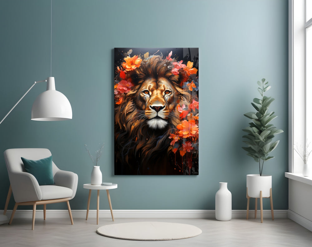Lion glass wall art styled above a sideboard in a media room