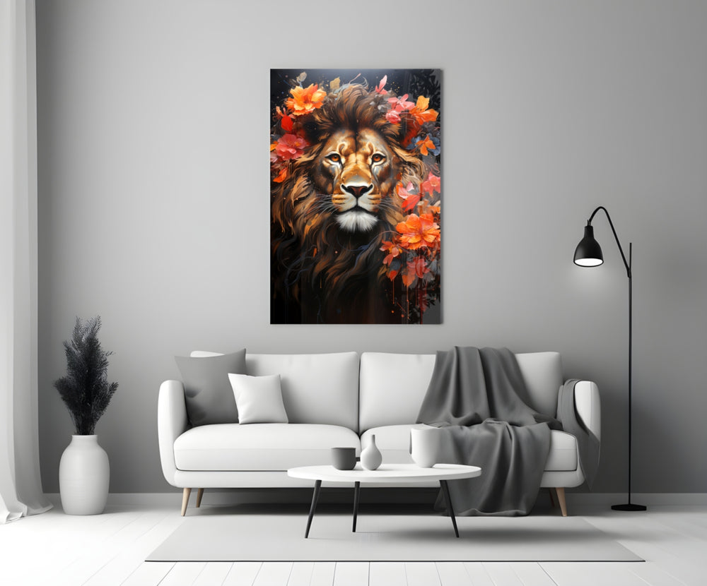 Lion close-up showing gold mane and tangerine floral wreath