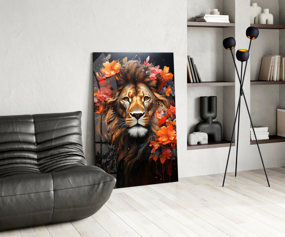 Lion panel adding editorial drama to a hallway
