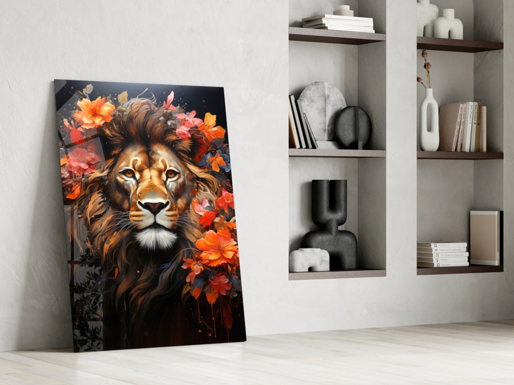 Lion glass print enhancing a den with statement gravity