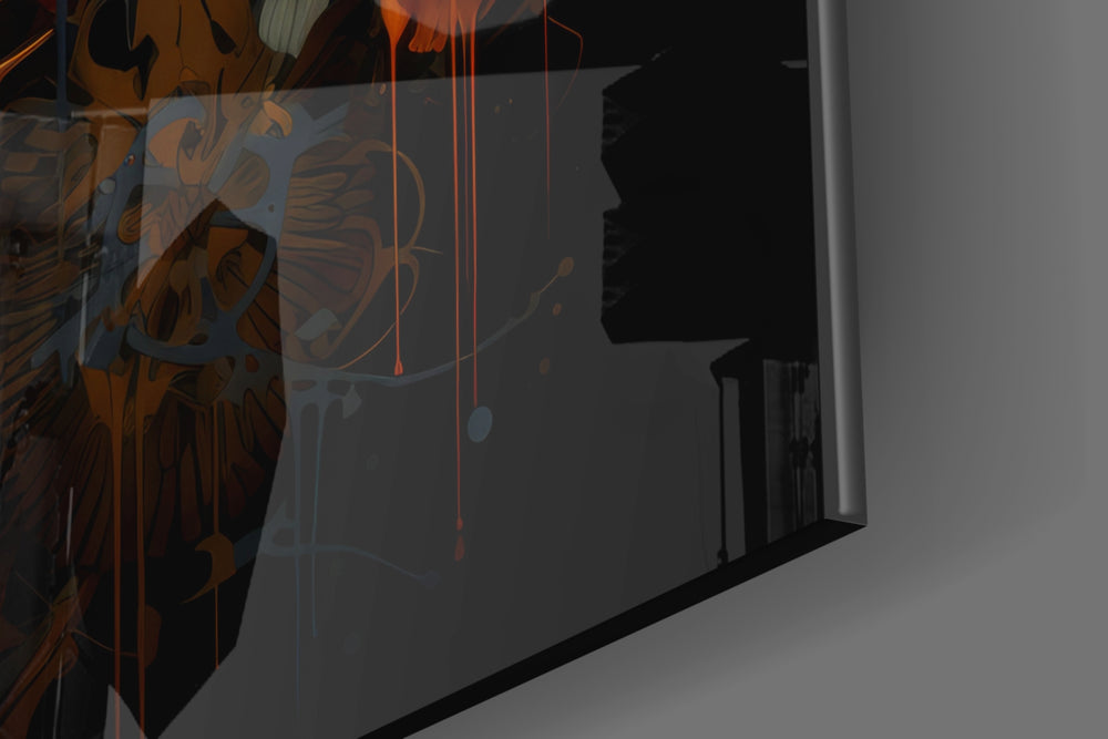 Animal-portrait artwork anchoring a wall with tangerine-and-steel-blue palette