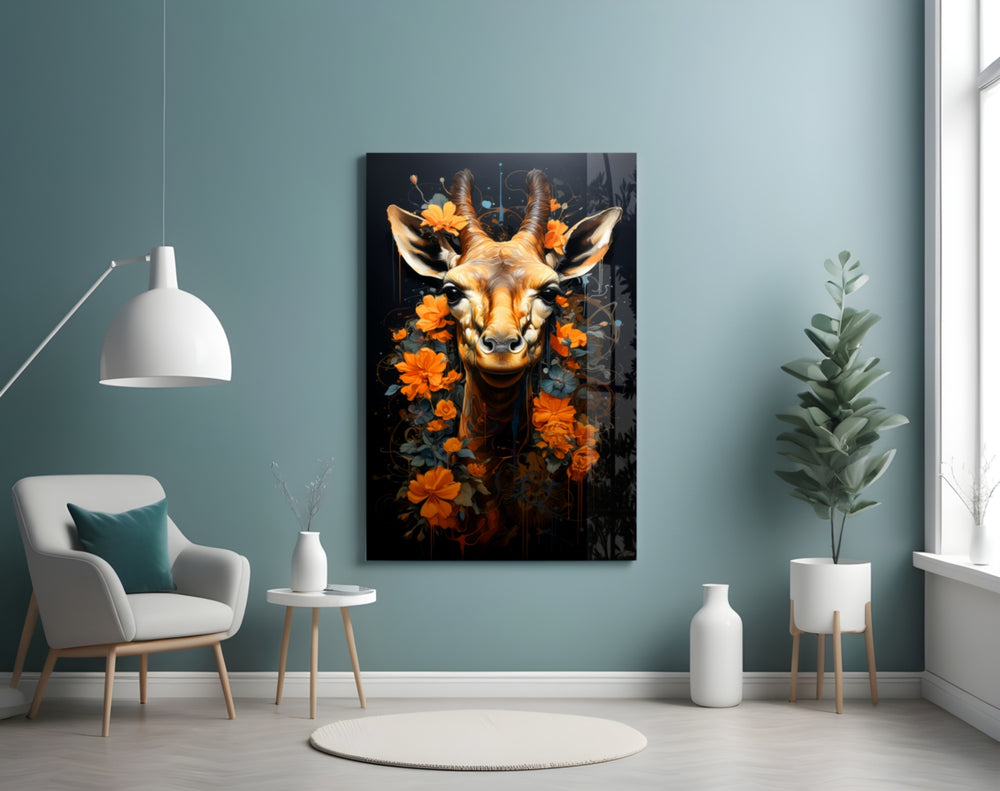 Deer glass wall art styled above a headboard in a bedroom